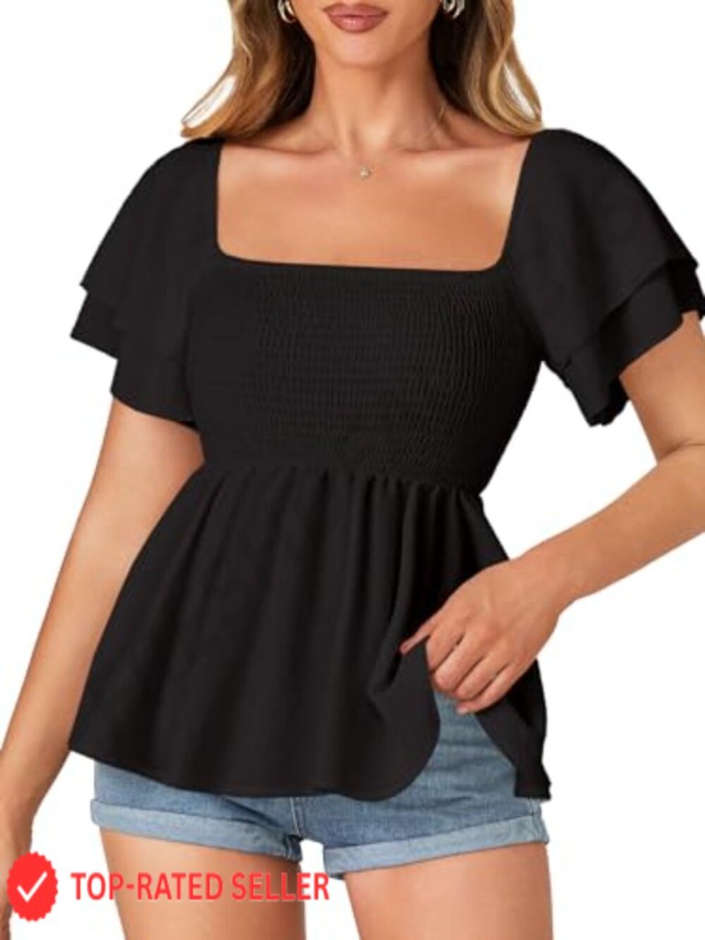 Women's Square Neck Peplum Top Ruffle Sleeve Flowy Blouse